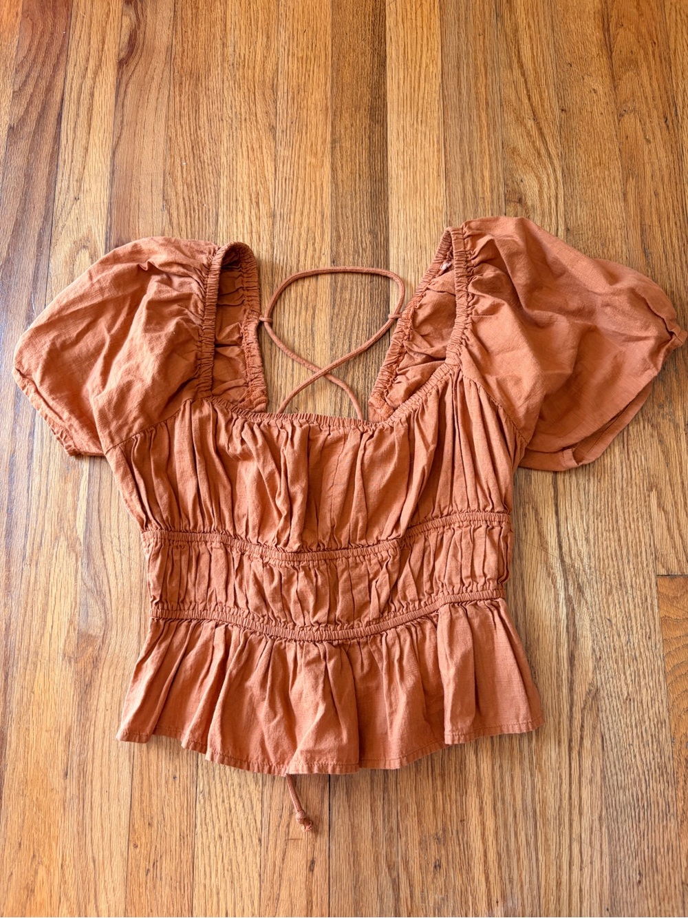 Free People Rust Puff Sleeve Smocked Blouse 100% Cotton Small